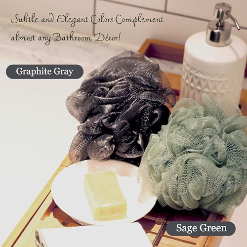 myHomeBody Large 70g Loofah Sponge, Bath Body Scrubber for Women, Men, Exfoliating Shower Pouf with Activated Charcoal - 2 Graphite Gray + 1 Sage Green, 3 Pack