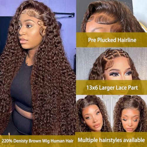 30 Inch Chocolate Brown Deep Wave Lace Front Wigs Human Hair 220 Density 13x6 HD Lace Frontal Wig Curly Human Hair Pre Plucked Wig for Women Brown Glueless with Natural Hairline