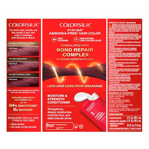 Revlon ColorSilk with Bond Repair Complex, Burgundy Permanent Hair Color, 100% Gray Coverage, Ammonia Free Hair Dye, Vegan Keratin, 48 Burgundy (Pack of 3)