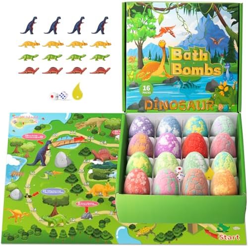 Bath Bombs for Kids with Toys Inside, 16 Handmade Bath Bombs with Different Scents for Boys Girls, Extra Surprise - Dinosaur Adventure, Ideal Present for Birthdays Children's Day Christmas