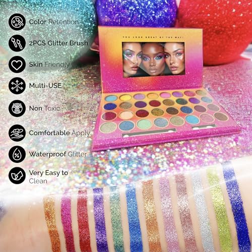 32 Colours Glitter Eyeshadow Palette, Make-Up Palette, Face and Body Glitter, glitter tattoos, festival accessories, Glitter Artistry Palette, Eye Shadow pallets for Women Girls Kids