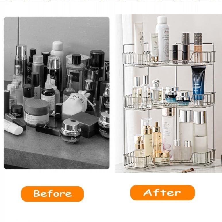 Grey Corner Vanity Organiser - 3 Tier Bathroom Counter Shelf for Makeup, Skincare, Toiletries & More