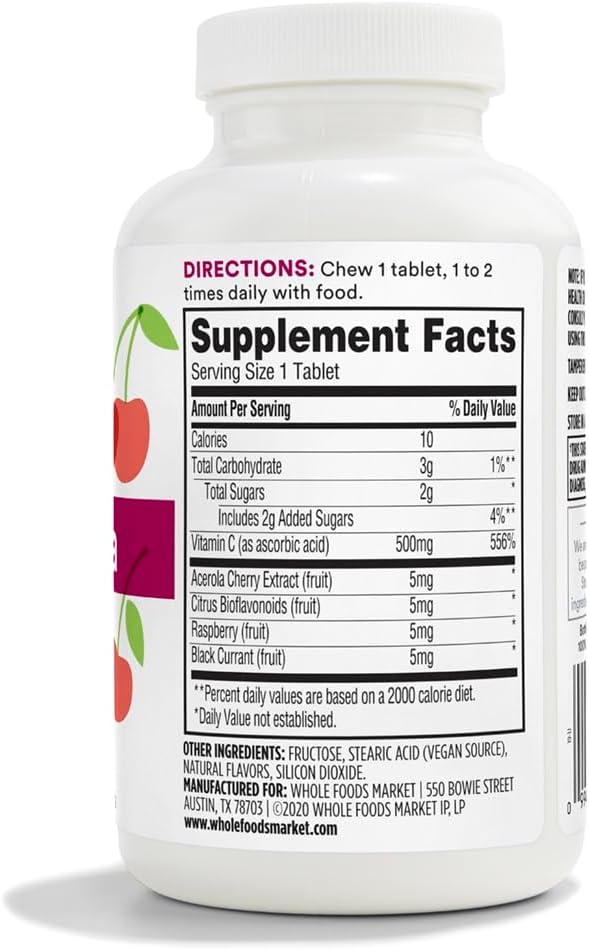 365 by Whole Foods Market, Chewable C + Acerola C 500mg, Natural Cherry Flavor, Vegan, 90 Tablets