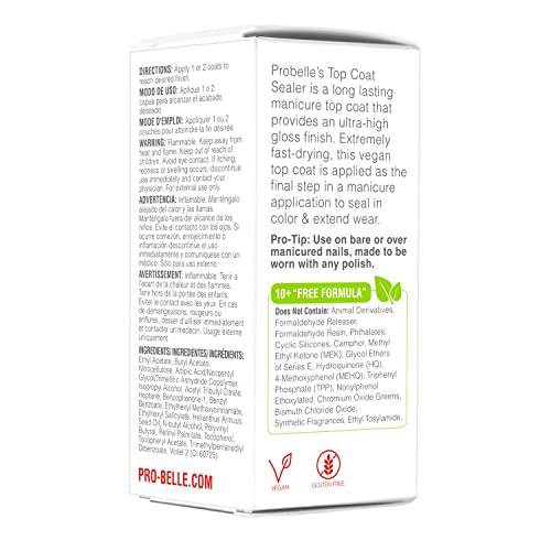 Probelle Top Coat Sealer, Quick Dry Nail Polish Top Coat, High Shine Glossy Nail Finish, Instantly Forms Clear Barrier For Enamel Protection, Fast Dry Manicure, Long Lasting Results, 0.5 fl oz/ 15 mL