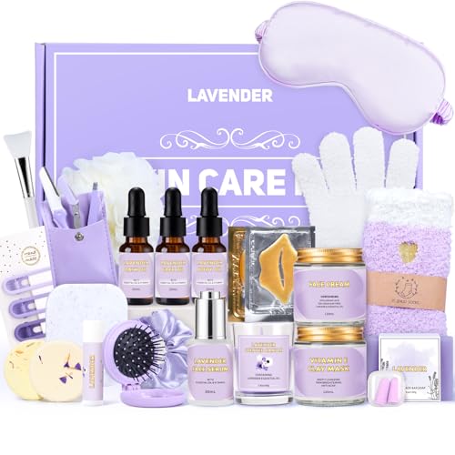 Facial Skin Care Set & Spa Kit, Lavender Spa Gifts for Women, Body & Facial Relaxation Kit, Mothers Day Gift Ideas, Self Care Gifts Birthday Christmas Gifts Includes Face Cream Oil Shower Accessories
