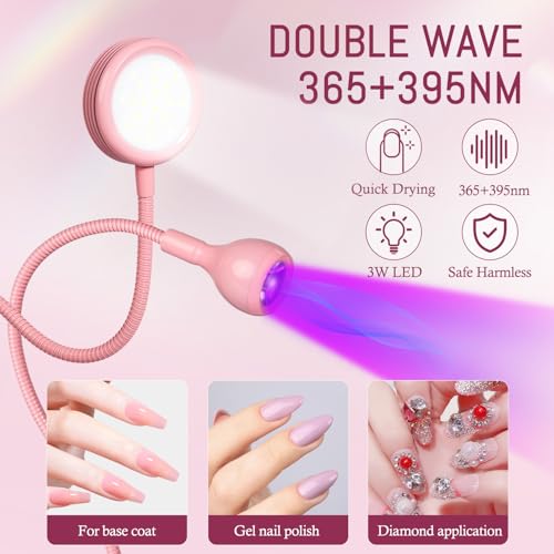 AORAEM LED Nail Lamp Double-Headed UV LED Light Quicky-Dry Duck Neck UV Lamp Dryer Curing Light with Portable Gooseneck and Clamp Flash Cure U V Light for Gel Nails Professional Home DIY Salon Pink
