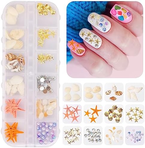 3 Boxes 3D Mixed Ocean Theme Nail Art Rhinestones Accessories Summer Beach Shell Starfish Conch Sea Series Sequin Nail Art Charms with Tweezers for DIY Nail Art Designs Manicure Decoration