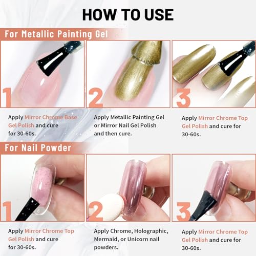 15ml Top Coat and Base Coat Set for Metallic Mirror Painting Gel, No Wipe Clear Top and Base Coat for Nail Polish, Chrome Nail Powder