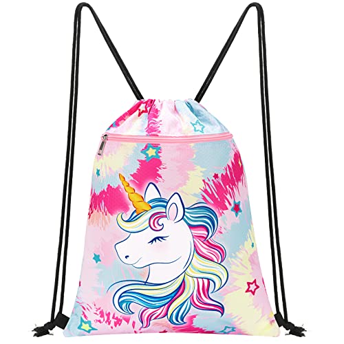 WAWSAM Girl Pink Drawstring Backpack - 13" x 18" Tie Dyed Sports Gym Bag Waterproof Beach Swimming Travel Sackpack Birthday Christmas Gift with Zippered Pocket