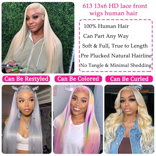 30 Inch 613 13x6 Lace Front Wig Human Hair Straight Blonde Wig Human Hair 613 HD Transparent Lace Frontal Wigs Human Hair Pre Plucked with Baby Hair 200 Density Blonde Human Hair Wigs for Women