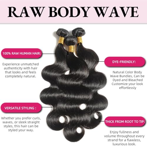 12A Human Hair Bundles Body Wave Bundles Human Hair 18 20 22 Inch 100% Unprocessed Brazilian Virgin Hair Body Wave 3 Bundles Deals Real Human Hair Extensions For Black Women Natural Black