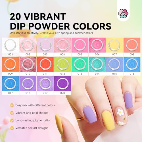 SAVILAND Dip Powder Nail Kit Starter - 20 Colors Summer Neon Dipping Powder System with Base/Top/Activator/Brush Saver, No U V Lamp Needed for Long-Lasting Salon & Home Manicure