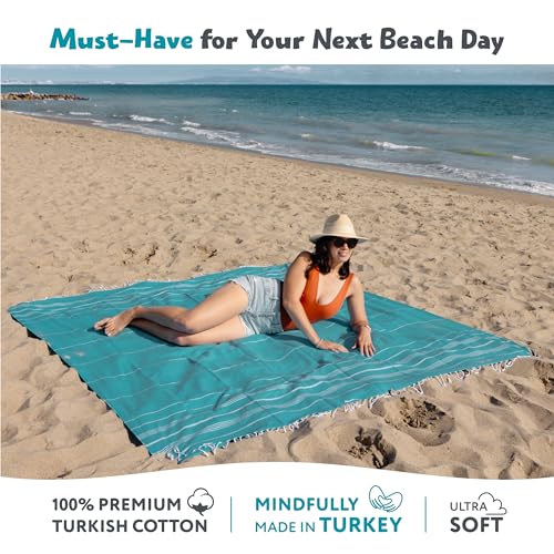 WETCAT Turkish Beach Blanket Sandproof 82x82, Soft 100% Turkish Cotton Blanket, Extra Large Sand Free Picnic Blankets & Beach Essentials – Turquoise