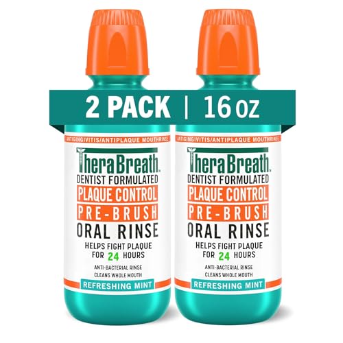 TheraBreath Plaque Control Pre-Brush Oral Rinse, Refreshing Mint Flavor, Antigingivitis and Antiplaque Rinse, Dentist Formulated, Alcohol Free, 16 Fl Oz (Pack of 2)