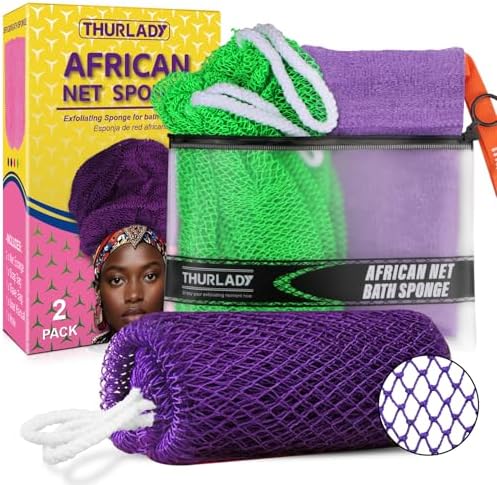 African Net Sponge Authentic with Knots, African Scrub Bath Net, 2 Pieces Exfoliating Body Back Scrubber for Shower, Gentle Exfoliating Washcloth, with 1 Soap Bag (Purple & Green)