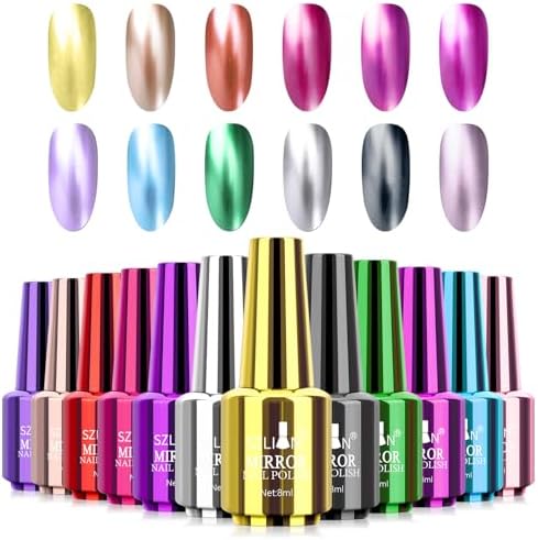 Ownest 12 Colors Mirror Nail Polish Set, Mirror Effect Long Lasting Gorgeous Glossy Manicure Nail Art Decoration, Brilliant Manicure Effect Nail Lacquers Kit-12pcs