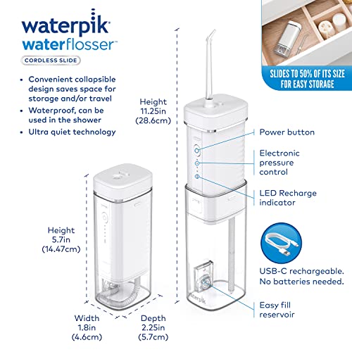 Waterpik Cordless Slide Professional Water Flosser, Portable Collapsible for Travel and Storage, with Travel Bag and 4 Tips, ADA Accepted, Rechargeable and Waterproof, White WF-17CD010-1