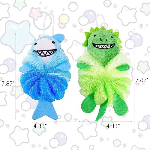 2 Pack Fun Bubble Bath Kid Loofahs, Cute Animal Loofah Bath Sponge, Shower Puffs Body Scrubber, Fun Bath Sponges - Shark and Dinosaur