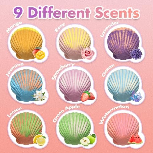 Mermaid Bath Bombs for Girls Kids with Toys Inside, 9 Pcs Natural Handmade Shell Bubble Bath Bomb Kit for Girls with Jewelry Surprise, Pefect for Christmas Easter Birthday Gift Princess Party Favor