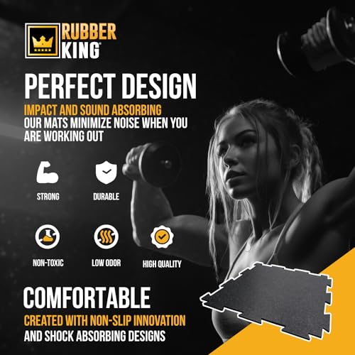 Rubber King 10 Piece Interlocking Tiles 19" x 19" x 6mm - 100% Recycled Rubber Gym Floor Tiles, Exercise Mat for Home Gym, Anti-Slip Low-Odor Interlocking Puzzle Floor Tiles - 23.5sq ft - Black