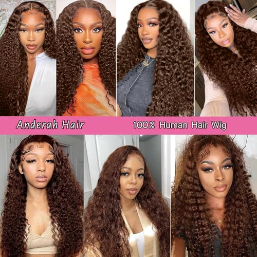 30Inch Chocolate Brown Deep Wave Lace Front Wigs Human Hair 200 Density 13x6 HD Lace Frontal Wigs Curly Human Hair Wig For Women Pre Plucked with Natural Hairline 4# Brown Color