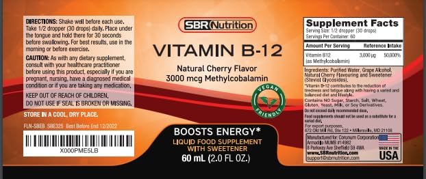 Vitamin B12 Sublingual Liquid Drops - Methylcobalamin, VIT B 12 Supports Energy, Max Absorption, 3000mcg Per Serving, 60 Servings, Non-GMO, Vegan Friendly, Manufactured in The USA