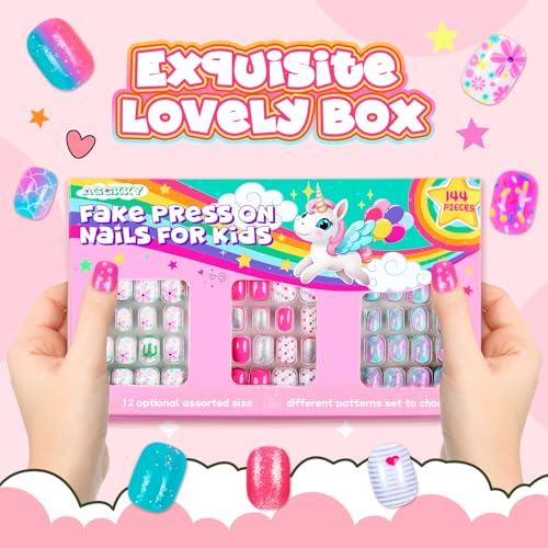 144 Pieces 6 Pack Kids Press on Nails Artificial Fake Nails for Kids Girls Pre Glue Full Cover Short Acrylic False Nail Tips Art Kits Gifts for Girls Nail Art Decoration (Gradient Pattern)