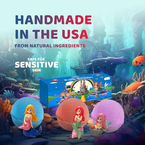 3 Bath Bombs for Kids with Mermaid Toys Inside + Bonus Wallet for Kids - Cool Surprise for Girls, Boys, Teens - Handmade in USA