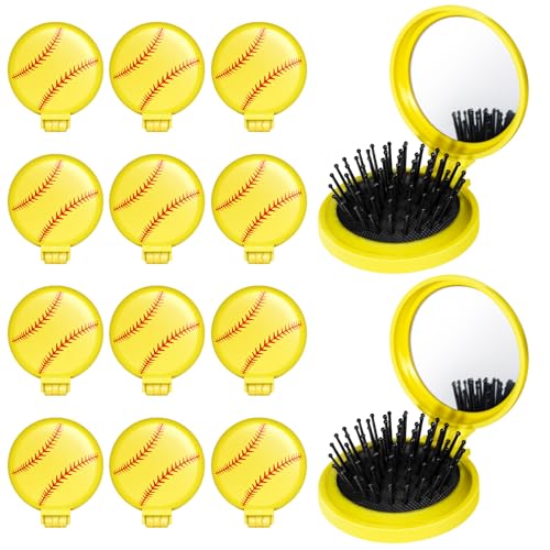 12 Pcs Softball Mini Detangler Brush, Folding Mirror Hair Brushes, Mini Travel Hair Brush, No Tangle Soft Flexible Bristles for Straight, Curly, Thick Hair for Softball Team Gift Sport Party
