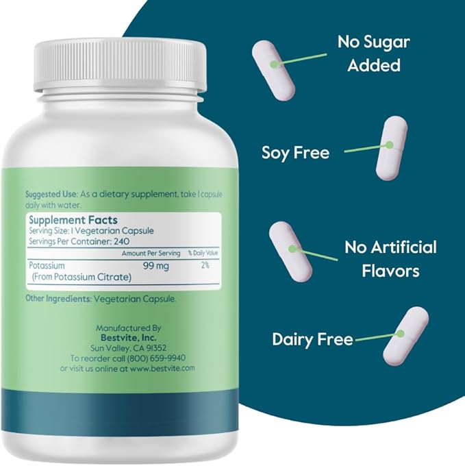 BESTVITE Potassium Citrate 99mg (240 Vegetarian Capsules) - No Stearates - Vegan - Gluten Free - Non GMO