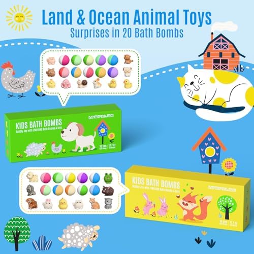 Bath Bombs for Kids with Toys Inside, 20 Kids Bath Bombs with Animal Toys Inside, Skin-Friendly, Non Toxic, Handmade Organic Natural Bubble Bath Fizzies, Birthday Gifts for Girls Boys