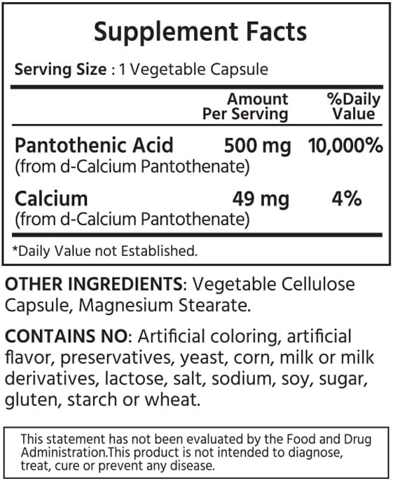 Pantothenic Acid B5 240 Vegetable Capsules. Energy Metabolism, Nervous System Support.