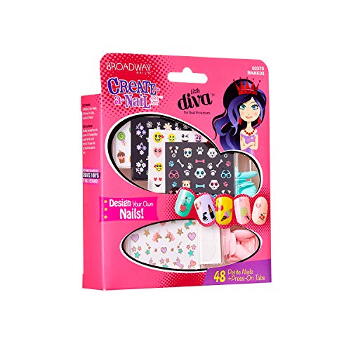 KISS Broadway Little Diva Nail Art Kit, Safe On Natural Nails, Mom Approved, Over 250 Nail Stickers, 48 Ready-To-Wear Petite Fake Nails & 48 Press-On Adhesive Tabs