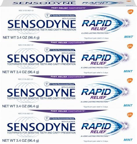 Sensodyne Rapid Relief Sensitivity and Cavity Prevention Toothpaste, Mint, 3.4 oz (96.4g) - Pack of 4