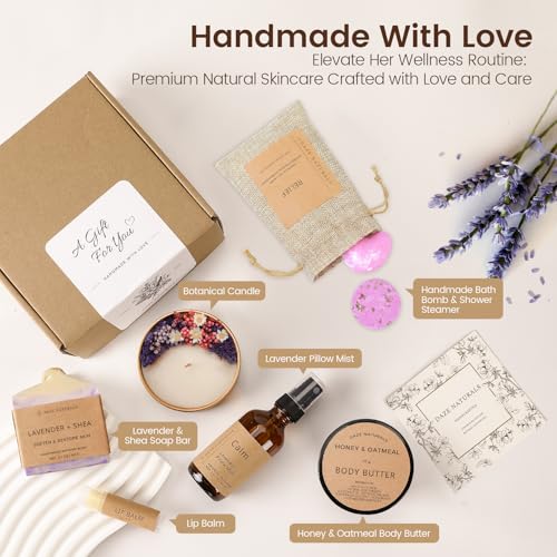 Bath Gift Set, Spa Gifts for Women, Self Care Products for Women, Lavender & Cream Soap Bar, Calm Pillow Mist, Bath Bomb & Shower Steamer, Body Butter and Lip Balm