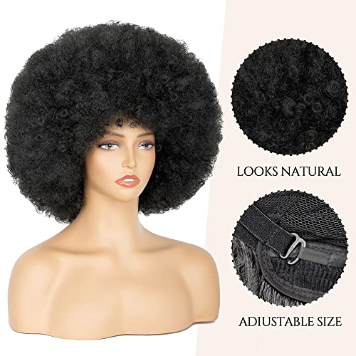 70's Afro Wig for Women, Natural Black Short Afro Kinky Curly Wig, Glueless Synthetic Wig with Bangs, Puffy & Fluffy Bouncy Afro Wig for Daily Cosplay Party