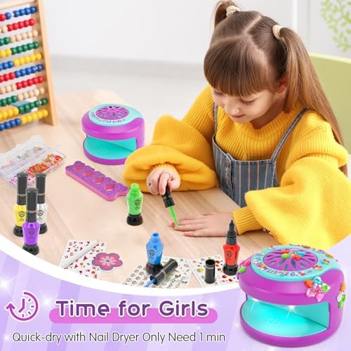 BATTOP Kids Nail Art Kit for Girls Ages 7-12 with Nail Dryer & 2 in 1 Water Based Nail Polish Pen & 3D Decoration & Sticker and Nail Flier - Idea Birthday Gifts for Girls 7 8 9 10 11 12
