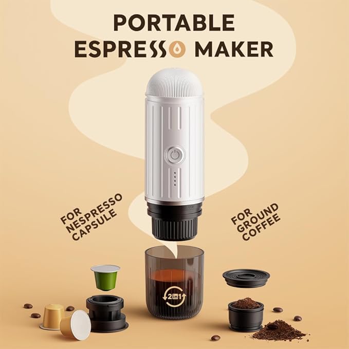 BENFUCHEN Portable Electric Espresso Machine, Self-Heating Mini Electric Espresso Maker For Ground Coffee & NESPRESSOpods, 19 Bar Mini Coffee Maker On the Go For Travel Camping Hiking RV Office, White