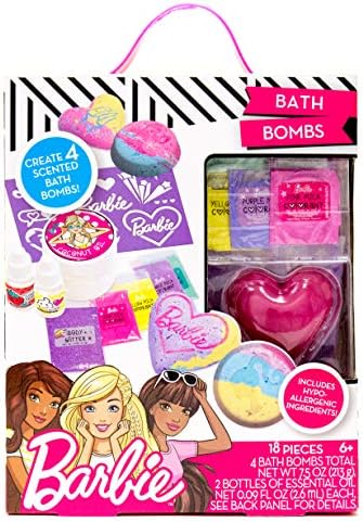 Barbie Make Your Own Bath Bomb Kit by Horizon Group USA, DIY Four Custom Colorful & Sweet-Smelling Bath Bombs, Includes Stencil, Glitter, Molds, Fragrances & More, Pink, Yellow, Teal & Purple