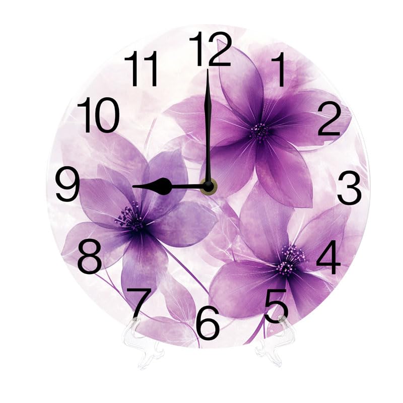 Geroclonup Round Wall Clocks Purple Flowers Wood Quartz Battery Operated Rustic Home Decor Handing Clocks for Living Room Kitchen Bedroom Bathroom Large Numbers Silent -25 cm