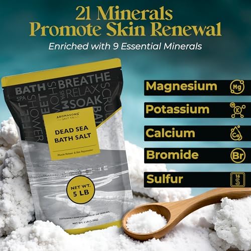 Aromasong Dead Sea Bath Salt - 100% Pure & Natural Dead Sea Salts for Soaking Fine Grain 5 LB - Bulk Resealable Pack (Packaging May Vary) Used for Body wash Scrub - Soak for Women & Men.