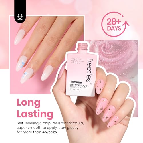 Beetles Nude Pink Gel Nail Polish Set, 6 Colors Hema Free Light Pink Jelly Gel Polish Translucent 15ML Full Size Nail Concealer High Gloss Soak Off UV Salon Spring Colorful Bottle Gel Gift for Women