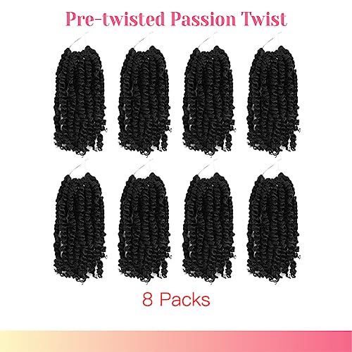 BOHOBABE Passion Twist Crochet Hair 10 Inch Short Pre looped Passion Twist Hair Pre twisted Crochet Braiding Hair 8 Packs Natural Black Women Braids (1B)