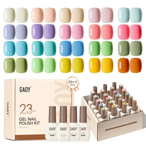 GAOY 23 Pcs Gel Nail Polish Kit, Pastel Macaron Colors Bright Pink Green Yellow Blue Popular Colors UV Gel Nail Polish Set with Glossy & Matte Top Coat and Base Coat for Nail Art DIY Gel Nail Kit