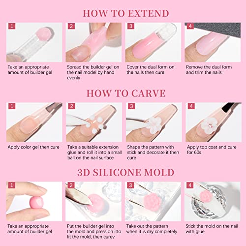 Solid Builder Gel for 3D Nail Art Extension Gel Non Stick Hand Sculpture Hard Gels with Dual Form Flower Strengthen for Home DIY Nails Salon Lamp Cure Require 30g(1oz)