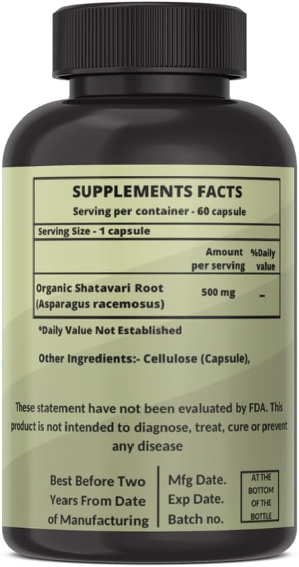 Organic Shatavari Root 500mg (Asparagus racemosus) Menstrual Cramp Relief, Menopause Support, and Women's Health | 60 Capsules | Hormonal Balance Support