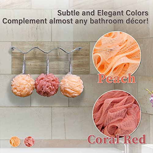 myHomeBody Large 70g Loofah Sponge, Body Scrubber, Bath Sponge, Loofah for Women, Men, Exfoliating Sponge Shower Pouf with Activated Charcoal - 3 Pack, 2 Coral Red + 1 Peach