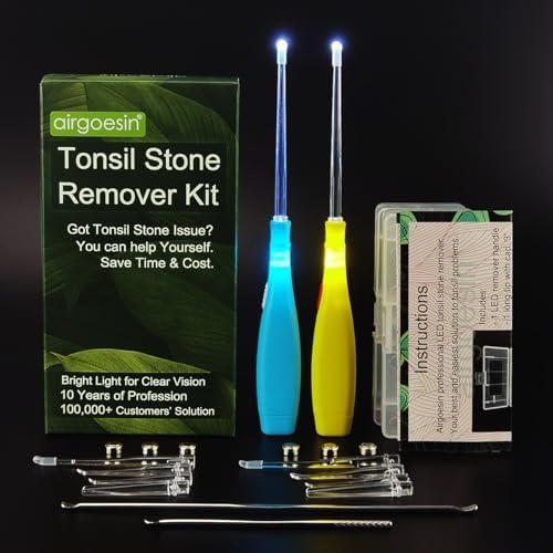 Airgoesin™ Upgraded Tonsil Stone Remover Tool, Blue & Yellow, 5 Tips, Tonsillolith Pick Case + 1 Irrigator Fresh Breath Oral Rinse