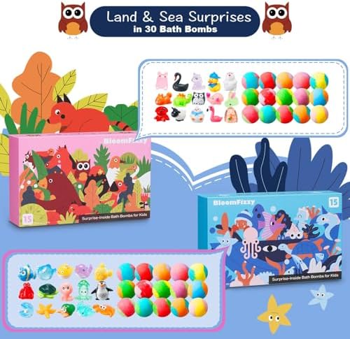 30 Kids Bath Bombs with Surprise Inside – Gift Set with 30 Unique Land & Sea Animal Toys, Fun, Educational, and Child-Safe Natural Bath Bombs with Toys, Great Gift for Kids’ Birthdays & Summer Fun