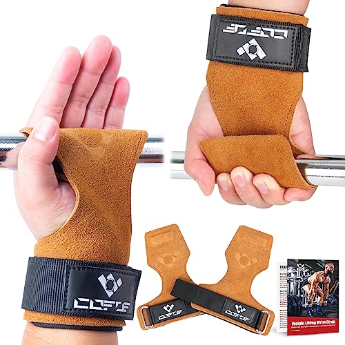 COFOF Weight Lifting Wrist Strap,Double Layer Leather Weightlifting Wrist Strap for Deadlift and Powerlifting, Adjustable Neoprene Padded Gym Workout Lifting Wrist Hooks for Men/Women(Pair)
